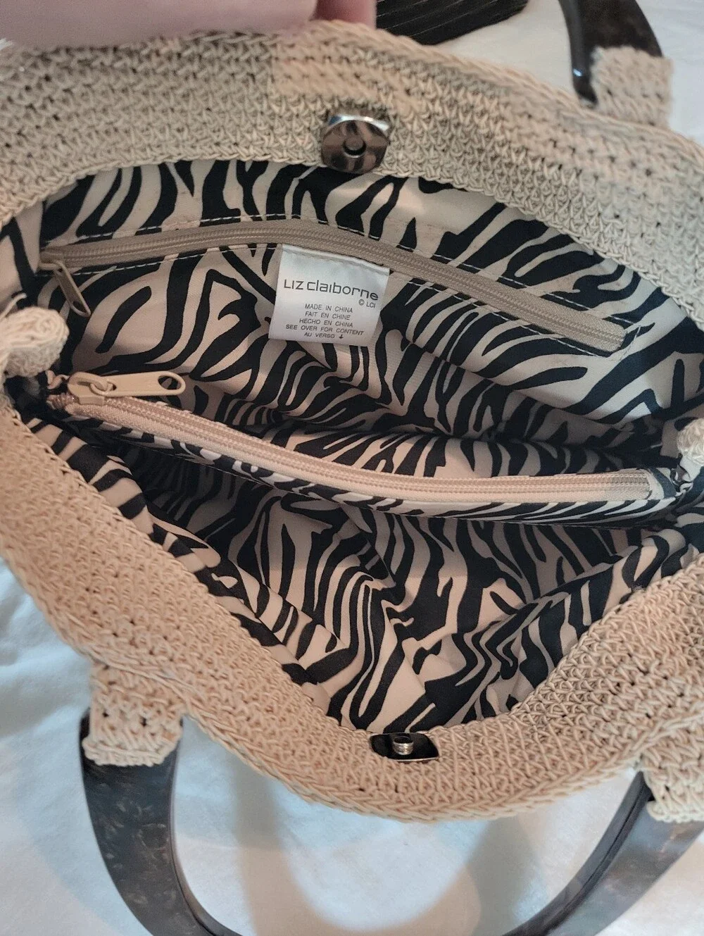 Vintage Liz Claiborne Cream Crochet Star Stitch Handbag Tortoiseshell Handle